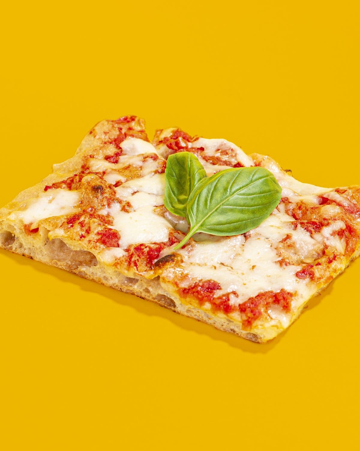 Trancio di margherita con basilico su fondo giallo Smezzo